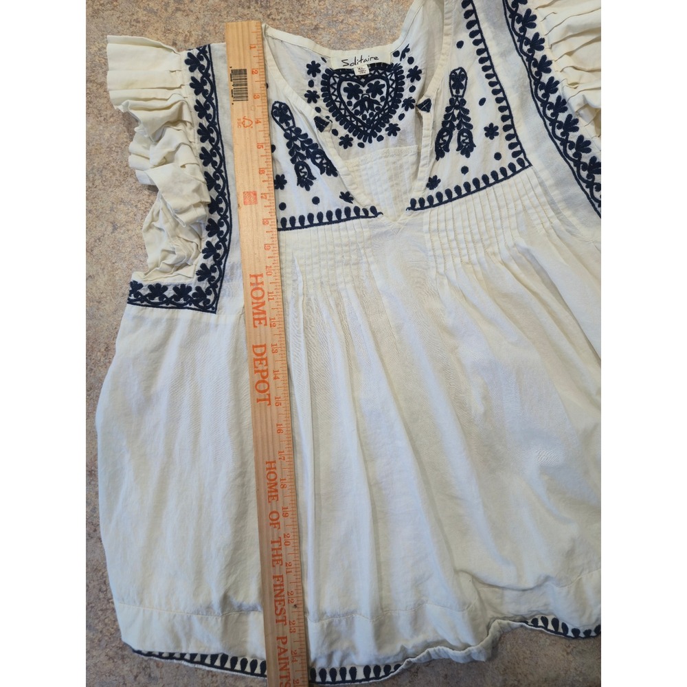 Solitaire Womens XL Embroidered Cotton Boho Top Ruffle Sleeve White Navy Blue - Picture 7 of 8